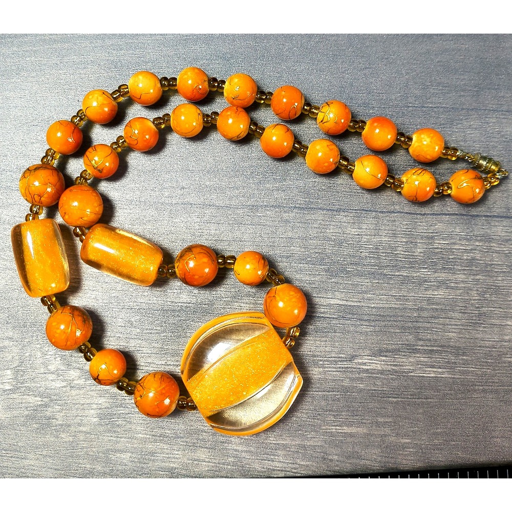 Vintage Lucite Bright Orange Carved Sparkling Focal Beaded Necklace 20"